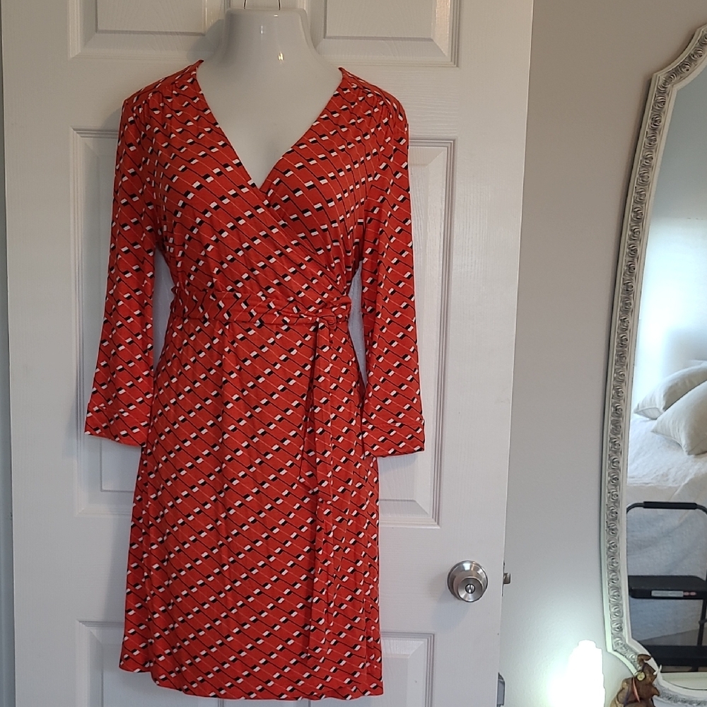 Lands End Red Longsleeve Jersey Everyday Casual Wrap Dress Size Medium